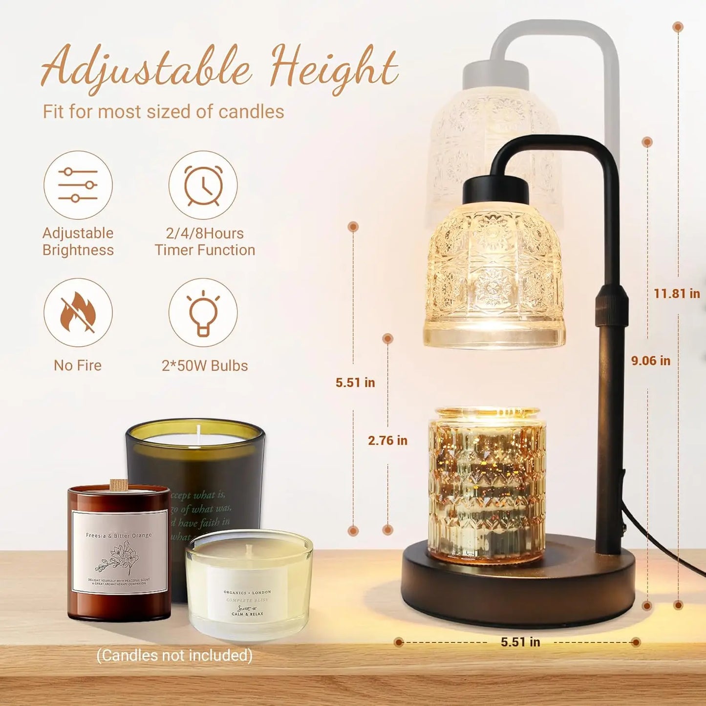 Candle Warmer Lamp with dimmer, timer, and adjustable height